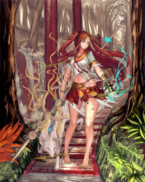 Anime picture 2000x2500 with original edenfox single long hair tall image highres twintails yellow eyes looking away nail polish multicolored hair barefoot inscription torn clothes girl skirt weapon plant (plants) animal tree (trees)