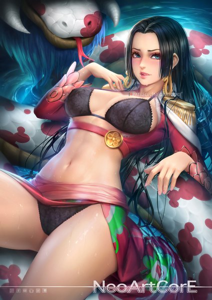 Anime picture 800x1132 with one piece toei animation boa hancock salome (one piece) nudtawut thongmai single long hair tall image looking at viewer blush breasts blue eyes light erotic black hair large breasts signed cleavage nail polish parted lips fingernails