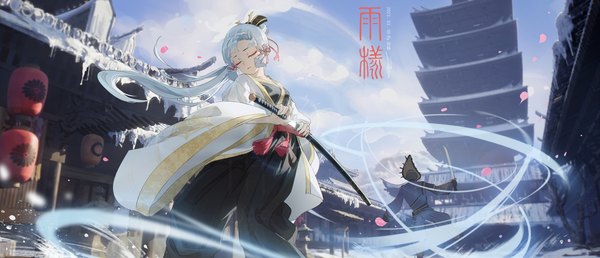 Anime picture 3950x1700 with genshin impact kamisato ayaka ame999 long hair fringe highres wide image standing holding signed sky silver hair ponytail blunt bangs eyes closed long sleeves traditional clothes japanese clothes mole wide sleeves