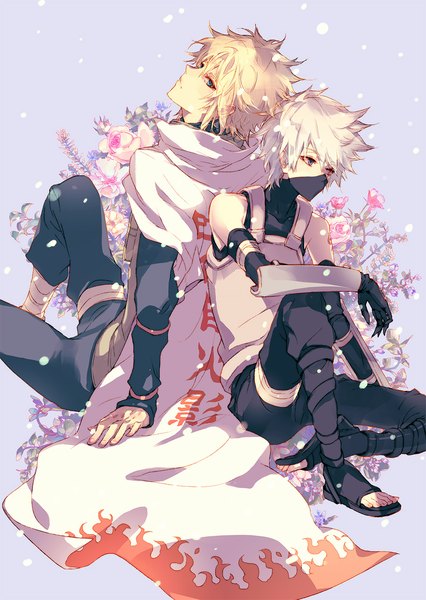 Anime picture 790x1112 with naruto studio pierrot naruto (series) hatake kakashi namikaze minato kai mayo tall image short hair blue eyes blonde hair sitting bare shoulders looking away silver hair bent knee (knees) multiple boys heterochromia back to back spiked hair floral background