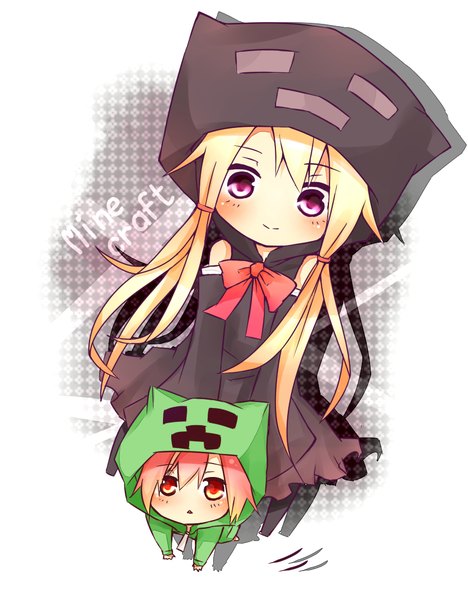 Anime picture 841x1078 with minecraft creeper enderman tosura-ayato long hair tall image blush fringe short hair blonde hair smile hair between eyes red eyes sitting purple eyes bare shoulders multiple girls payot looking away pink hair