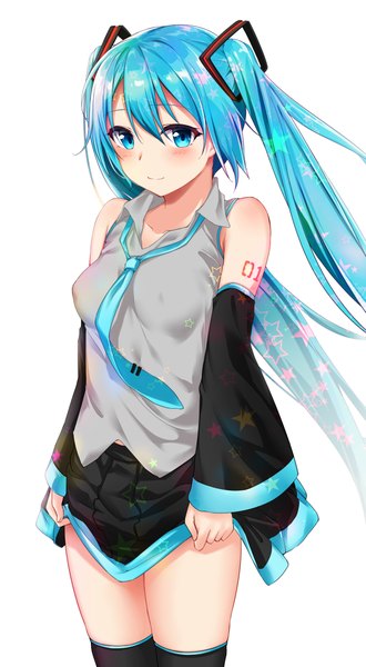 Anime picture 1189x2160 with vocaloid hatsune miku jack dempa single long hair tall image blush light erotic simple background smile white background twintails aqua eyes aqua hair tattoo skirt lift girl thighhighs skirt black thighhighs