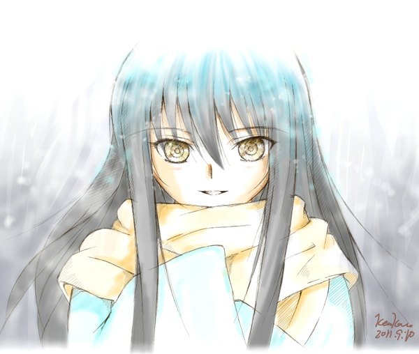 Anime picture 1577x1337 with nurarihyon no mago yuki onna (nurarihyon no mago) kem kem single long hair looking at viewer fringe black hair signed yellow eyes long sleeves very long hair traditional clothes parted lips japanese clothes light smile portrait snowing eyebrows girl