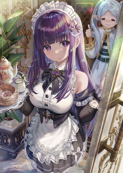 Anime picture 1600x2249 with sousou no frieren frieren fern (sousou no frieren) torino aqua long hair tall image blush fringe purple eyes twintails bare shoulders multiple girls looking away silver hair purple hair indoors blunt bangs eyes closed long sleeves pointy ears
