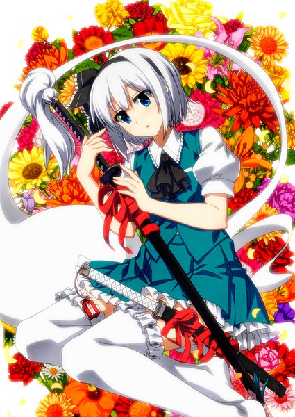 Anime picture 1200x1695 with touhou konpaku youmu myon sazanami mio single tall image short hair blue eyes looking away silver hair parted lips puffy sleeves girl thighhighs dress skirt flower (flowers) weapon petals white thighhighs