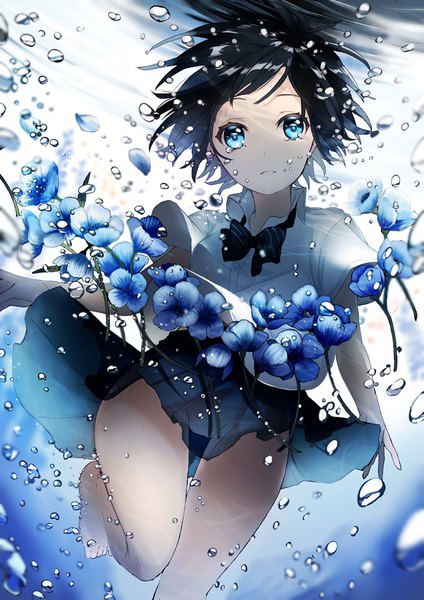 Anime picture 744x1052 with original sogawa single tall image looking at viewer short hair black hair bent knee (knees) parted lips pleated skirt barefoot bare legs short sleeves floating hair underwater skirt flip swimming girl skirt uniform