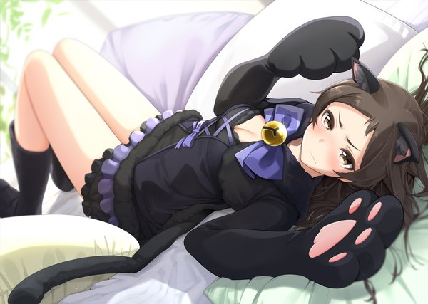 Anime picture 1384x986 with idolmaster idolmaster million live! idolmaster million live! theater days kitazawa shiho giba (out-low) single long hair looking at viewer blush fringe breasts brown hair brown eyes animal ears cleavage indoors tail lying animal tail cat ears