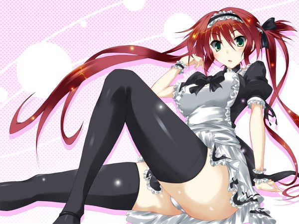 Anime picture 1600x1200 with queen's blade airi (queen's blade) fuyuno taka (artist) single long hair light erotic twintails green eyes red hair maid pantyshot girl thighhighs black thighhighs frills headdress maid headdress