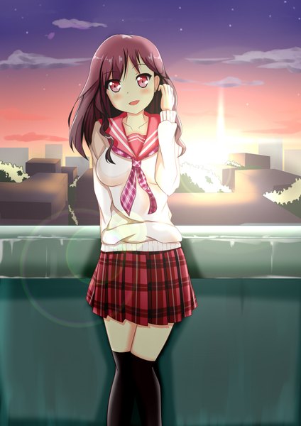 Anime picture 2480x3507 with original itachi kanade single long hair tall image blush highres open mouth smile brown hair bare shoulders sky cloud (clouds) pink eyes teeth evening sunset curly hair girl skirt