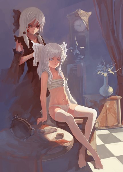 Anime picture 2478x3455 with touhou hakurei reimu qghy long hair tall image looking at viewer fringe highres light erotic smile standing sitting looking away silver hair indoors grey hair wide sleeves crossed legs groin checkered floor