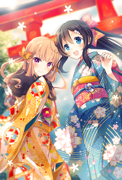Anime picture 800x1184 with original goma (11zihisin) long hair tall image blush open mouth blue eyes black hair brown hair purple eyes multiple girls traditional clothes japanese clothes kikumon girl flower (flowers) bow 2 girls hair bow kimono