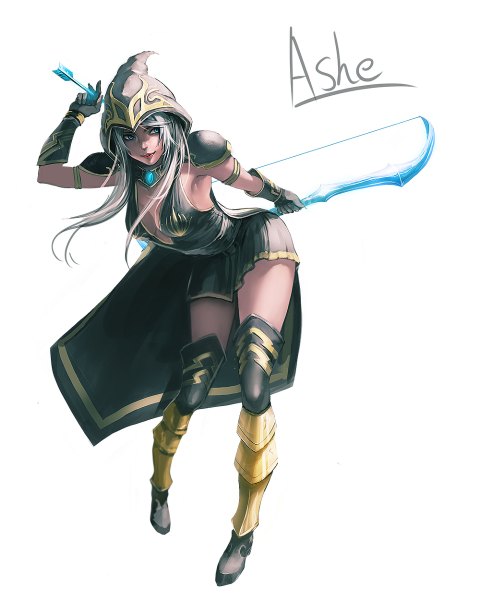 Anime picture 960x1200 with league of legends ashe (league of legends) laci (artist) single long hair tall image blue eyes simple background white background silver hair girl skirt weapon hood cloak bow (weapon) arrow (arrows)