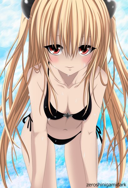 Anime picture 2048x3000 with toloveru toloveru darkness xebec konjiki no yami zeroshini single long hair tall image blush highres light erotic blonde hair red eyes twintails sky cloud (clouds) wet embarrassed coloring girl