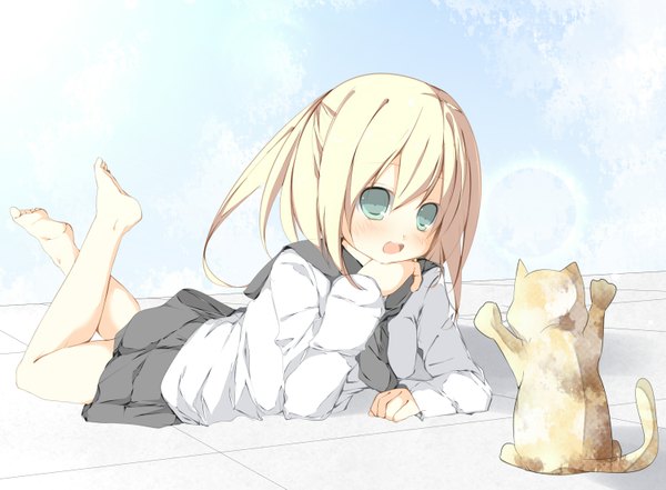 Anime picture 1500x1103 with original tabuchisan single blush short hair open mouth blonde hair green eyes looking away lying barefoot on stomach girl uniform animal serafuku cat