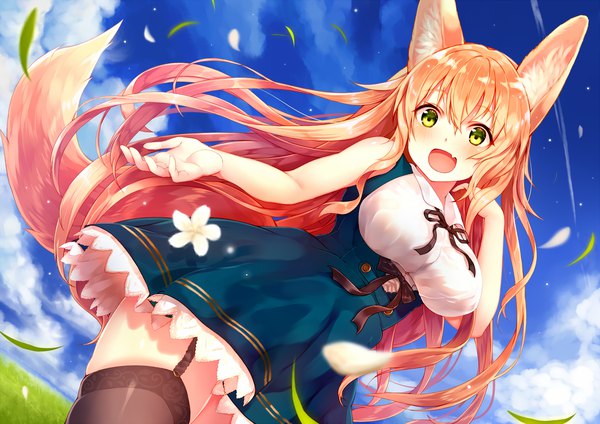 Anime picture 2046x1446 with original suke single long hair blush fringe highres open mouth light erotic hair between eyes green eyes animal ears sky cloud (clouds) tail :d animal tail wind blurry orange hair