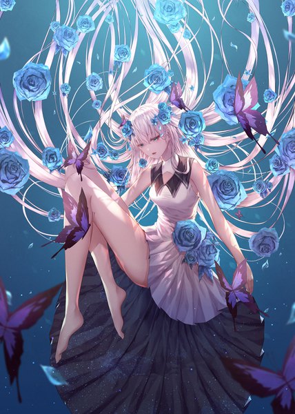 Anime-Bild 2500x3500 mit original momingie single tall image fringe highres simple background hair between eyes green eyes silver hair full body very long hair parted lips barefoot hair flower floating hair looking down revision girl dress