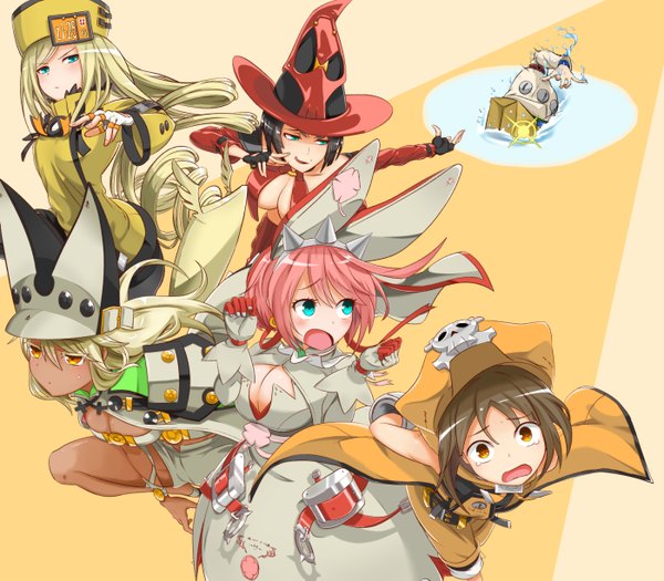 Anime picture 1400x1225 with guilty gear guilty gear xrd arc system works i-no millia rage ramlethal valentine elphelt valentine may (guilty gear) faust (guilty gear) ten piboshi long hair looking at viewer blush fringe short hair breasts open mouth blue eyes light erotic black hair