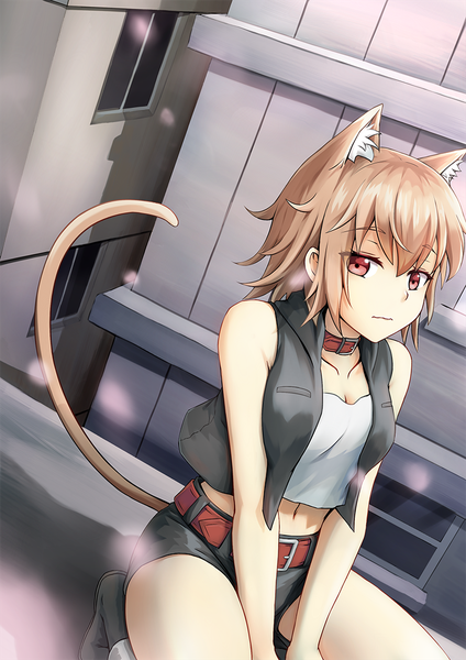 Anime picture 800x1131 with original shoron single tall image looking at viewer fringe short hair blonde hair hair between eyes red eyes sitting animal ears outdoors tail animal tail cat ears cat girl cat tail thighs squat