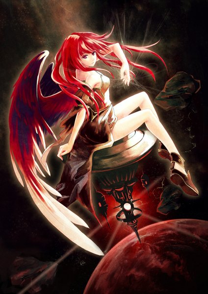 Anime picture 2894x4093 with original iyokami oto single long hair tall image looking at viewer highres sitting purple eyes bare shoulders red hair magic light dark background angel wings space girl detached sleeves wings stone (stones)