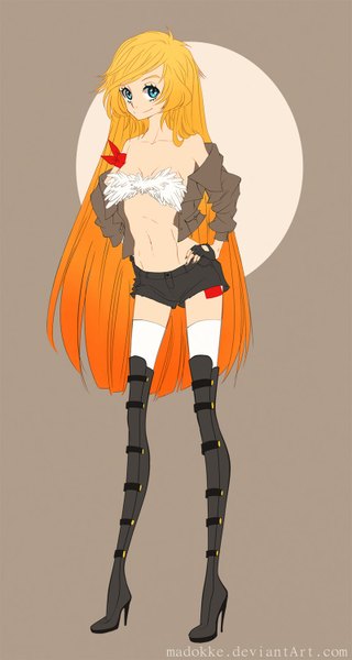 Anime picture 800x1500 with original nebeskaa single long hair tall image fringe blue eyes light erotic simple background blonde hair smile standing bare shoulders looking away very long hair nail polish multicolored hair orange hair open clothes open jacket