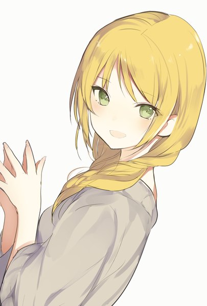 Anime picture 600x888 with original lpip single long hair tall image looking at viewer blush fringe open mouth blonde hair smile white background green eyes payot fingernails fingers together girl sweater