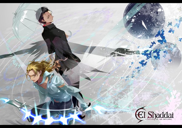Anime picture 1771x1240 with el shaddai lucifel (el shaddai) enoch kanamura ren long hair highres short hair black hair blonde hair red eyes looking back aqua eyes torn clothes back to back boy wings insect butterfly umbrella pants
