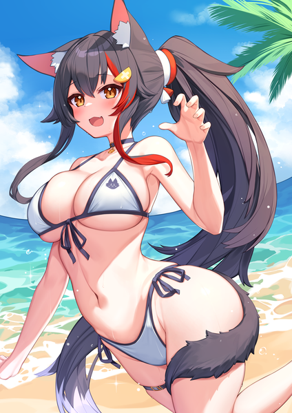 Anime picture 2894x4093 with virtual youtuber hololive ookami mio deaver single long hair tall image highres breasts open mouth light erotic black hair large breasts animal ears yellow eyes looking away sky cleavage cloud (clouds) ponytail