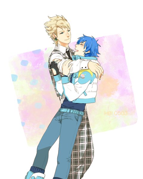 Anime picture 1040x1300 with dramatical murder nitro+chiral aoba (dmmd) trip (dramatical murder) tall image short hair open mouth simple background blonde hair green eyes blue hair eyes closed shounen ai plaid boy earrings necktie jacket vest