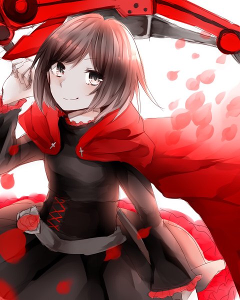 Anime picture 1200x1500 with rwby rooster teeth ruby rose shinonome myoke single tall image blush fringe short hair simple background smile brown hair white background holding looking away long sleeves arm up from above wind wide sleeves