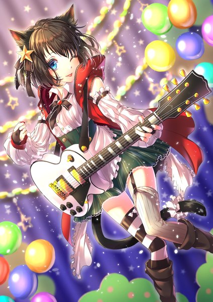 Anime picture 2480x3508 with original routo (rot 0) single tall image looking at viewer blush highres short hair blue eyes brown hair animal ears tail animal tail one eye closed wink cat ears cat girl cat tail different thighhighs girl