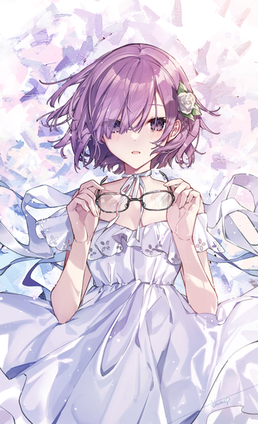 Anime picture 795x1305 with fate (series) fate/grand order mash kyrielight hanagata single tall image looking at viewer fringe short hair open mouth purple eyes holding purple hair hair flower hair over one eye eyewear removed holding eyewear girl dress flower (flowers)