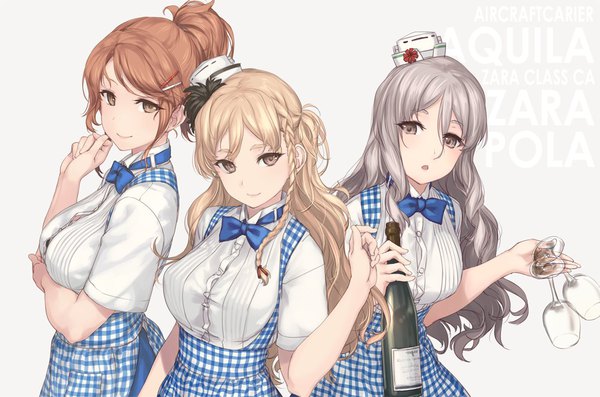 Anime picture 1000x662 with kantai collection pola (kantai collection) zara (kantai collection) aquila (kantai collection) rokuwata tomoe long hair looking at viewer short hair breasts simple background blonde hair smile brown hair multiple girls brown eyes ponytail braid (braids) grey hair grey eyes character names