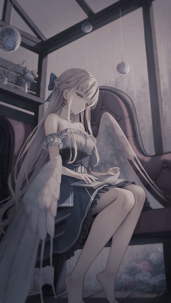 Anime picture 1296x2297 with original amane utata single long hair tall image fringe breasts sitting bare shoulders payot cleavage full body bent knee (knees) indoors blunt bangs braid (braids) parted lips barefoot rain frilly skirt