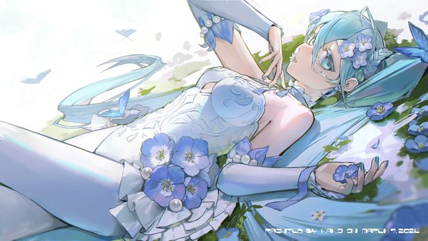 Anime picture 2560x1440 with vocaloid hatsune miku hatsune miku (noodle stopper) kako (pixiv77158173) single looking at viewer fringe highres hair between eyes wide image twintails lying very long hair aqua eyes aqua hair on back girl flower (flowers) detached sleeves pantyhose