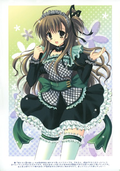 Anime picture 2139x3032 with hasekura chiaki single long hair tall image looking at viewer blush fringe highres open mouth smile brown hair brown eyes ahoge :d maid one side up text framed polka dot plaid