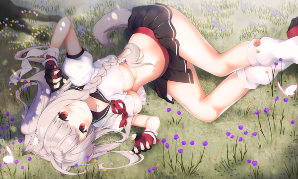 Anime picture 1000x603 with azur lane yuudachi (azur lane) kanora single looking at viewer blush fringe breasts light erotic smile red eyes wide image large breasts animal ears ahoge bent knee (knees) tail lying braid (braids) nail polish