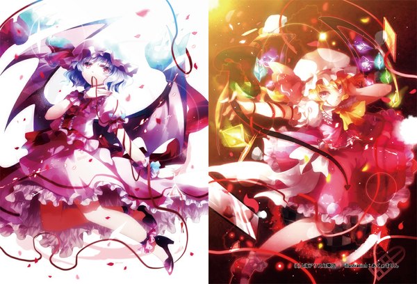 Anime picture 1100x749 with touhou flandre scarlet remilia scarlet aquamarine (artist) short hair open mouth blonde hair red eyes multiple girls blue hair bat wings girl dress weapon 2 girls petals wings bonnet thread red thread