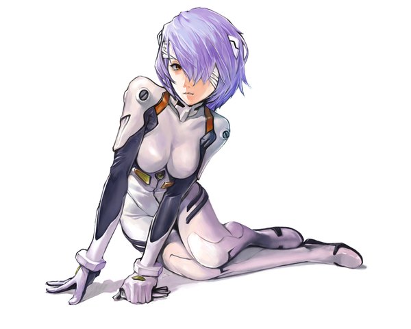Anime picture 1845x1476 with neon genesis evangelion rebuild of evangelion evangelion: 2.0 you can (not) advance gainax ayanami rei kiyohisa single fringe highres short hair simple background white background sitting brown eyes purple hair hair over one eye shadow bandage over one eye girl gloves