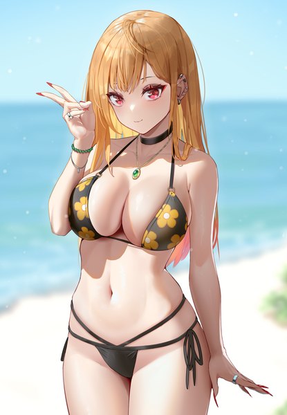 Anime picture 2330x3366 with sono bisque doll wa koi wo suru cloverworks kitagawa marin live (mfwa7572) single long hair tall image looking at viewer blush fringe highres breasts light erotic blonde hair red eyes large breasts standing cleavage outdoors nail polish