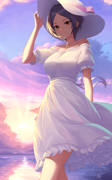 Anime picture 1434x2304 with idolmaster idolmaster cinderella girls hayami kanade maitake (maitake1234) single tall image looking at viewer short hair breasts smile standing bare shoulders brown eyes payot blue hair sky cloud (clouds) outdoors arm up wind