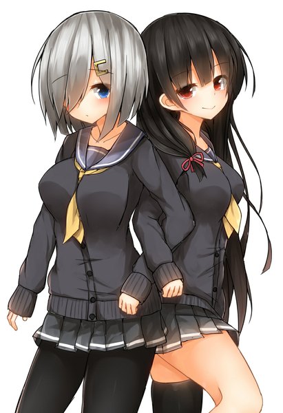 Anime picture 809x1181 with kantai collection hamakaze destroyer isokaze destroyer mizushina minato long hair tall image looking at viewer blush fringe short hair blue eyes black hair simple background red eyes white background multiple girls silver hair pleated skirt hair over one eye tress ribbon