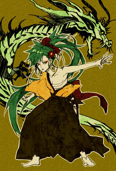 Anime picture 1181x1748 with original ako (ravennightley) single tall image yellow eyes ponytail very long hair traditional clothes japanese clothes hair flower green hair no shoes spread arms eyeshadow new year fantasy brown background girl flower (flowers) earrings