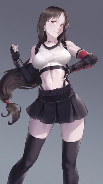 Anime picture 1200x2137 with final fantasy final fantasy vii final fantasy vii remake square enix tifa lockhart cheshirrr single long hair tall image looking at viewer breasts black hair simple background smile large breasts standing bare shoulders brown eyes payot pleated skirt