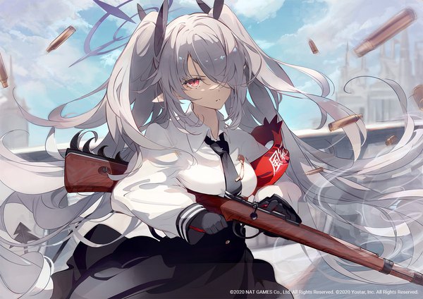 Anime picture 1500x1059 with blue archive iori (blue archive) kodamazon single looking at viewer fringe red eyes twintails sky silver hair cloud (clouds) very long hair pointy ears hair over one eye official art girl gloves weapon shirt black gloves