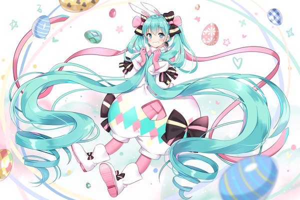 Anime picture 2008x1338 with vocaloid hatsune miku douya (233) single looking at viewer fringe highres smile hair between eyes white background twintails animal ears very long hair aqua eyes aqua hair bunny ears grin drill hair girl gloves