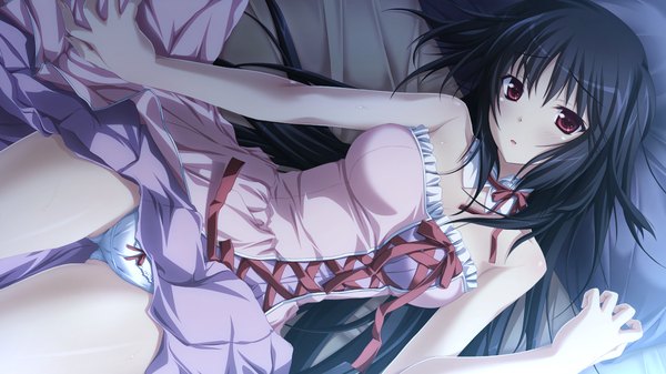 Anime picture 1280x720 with hapymaher purple software hatsuno saki tsukimori hiro long hair looking at viewer light erotic black hair red eyes wide image game cg on back girl dress underwear panties