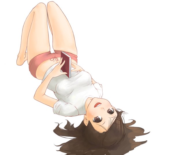 Anime picture 2000x1800 with noeldon (okamocheese) single long hair blush highres open mouth simple background smile brown hair white background brown eyes lying barefoot girl hair ornament shorts hairclip book (books) t-shirt