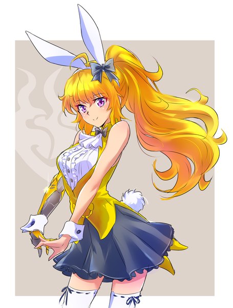 Anime picture 1820x2400 with rwby rooster teeth yang xiao long iesupa single long hair tall image looking at viewer highres simple background blonde hair smile purple eyes animal ears ponytail tail animal tail bunny ears zettai ryouiki sleeveless