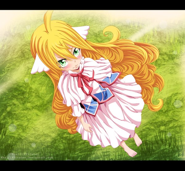 Anime picture 2000x1846 with fairy tail mavis vermillion khalilxpirates single blush highres blonde hair smile green eyes ahoge very long hair barefoot sunlight loli coloring sunbeam head wings girl dress plant (plants)