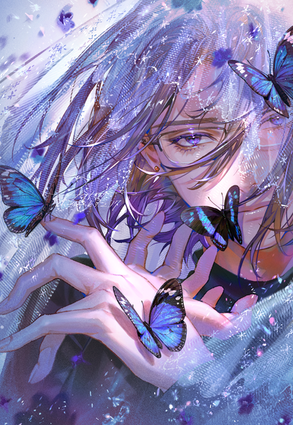 Anime picture 967x1405 with original hato (dovecot) single tall image looking at viewer short hair hair between eyes purple eyes purple hair upper body butterfly on hand boy earrings glasses insect butterfly stud earrings veil